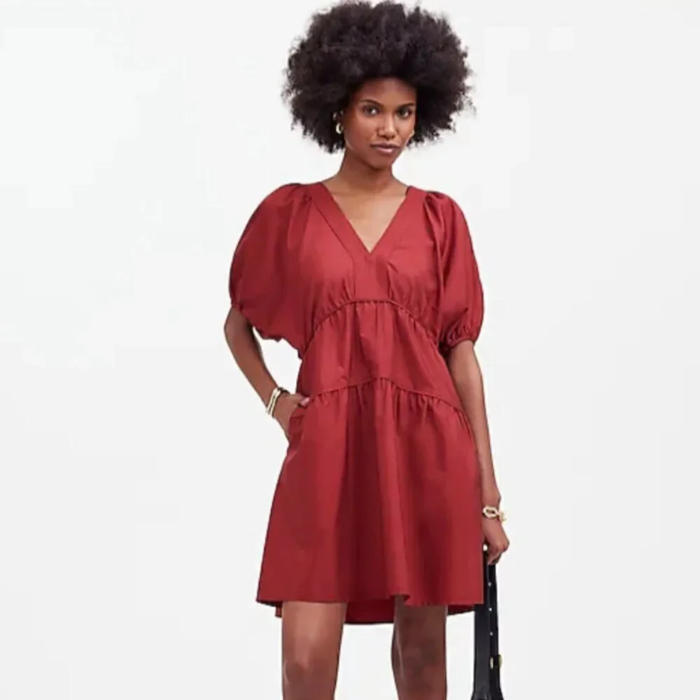 Madewell Puff-Sleeve Mini Dress in Poplin Claret burgundy  NWT